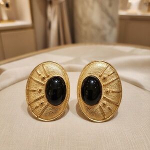 Vintage Stamped PAOLO Gold Tone Oval Black Large Chunky Clip on Earrings